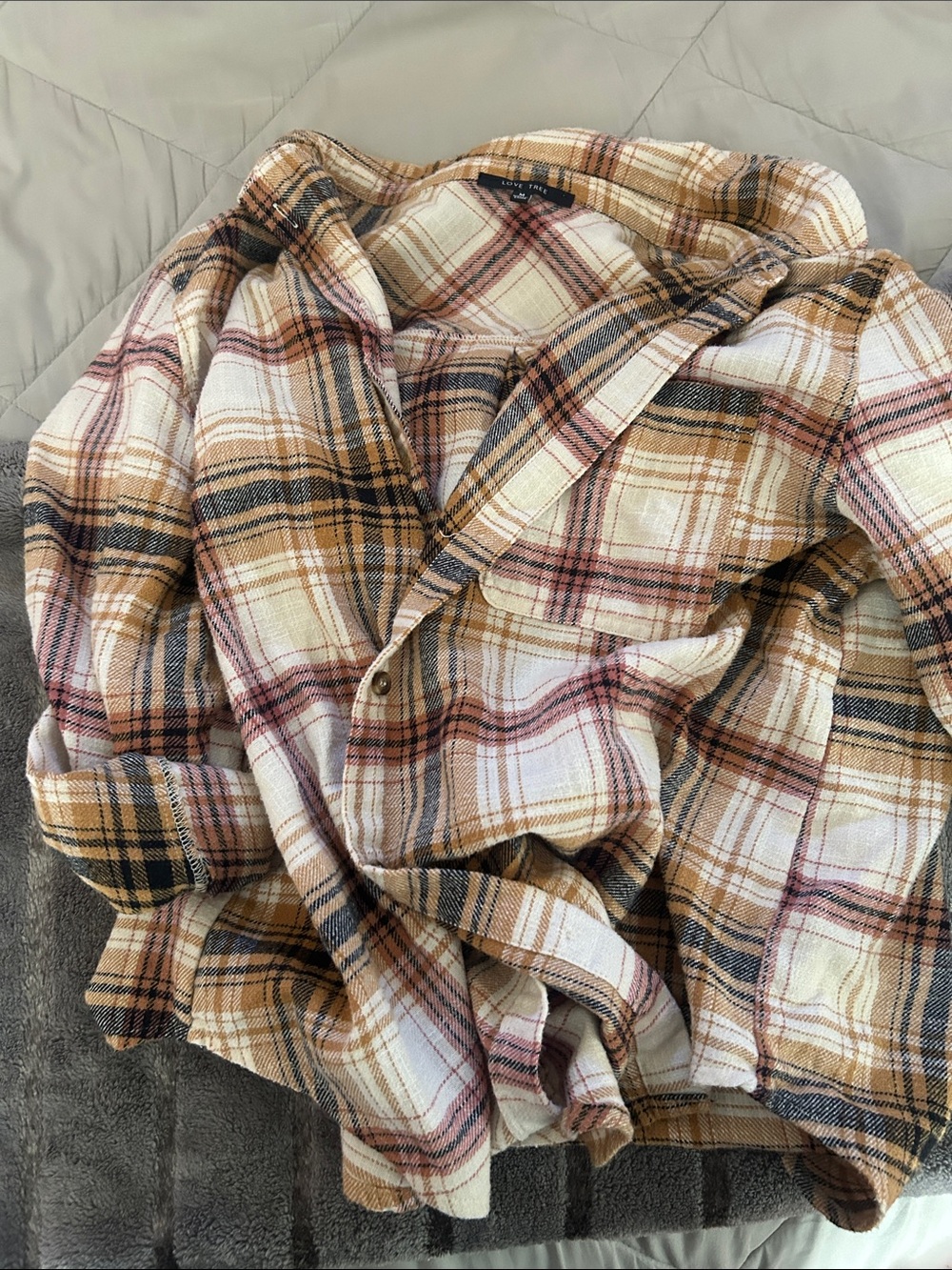Love Tree Plaid Button-Down Shirt - Tan, Cream & Blush